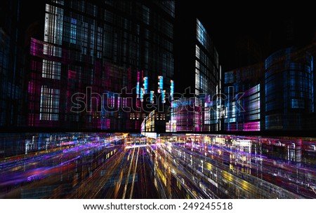 Digital Perspectives series night city. The design consists of light grids and fractal elements as a metaphor on the subject of business, science, education and technology