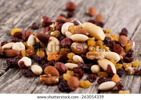 Mixed nuts on a plate on wooden background.