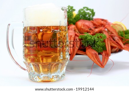 Crayfish with beer on a neutral background