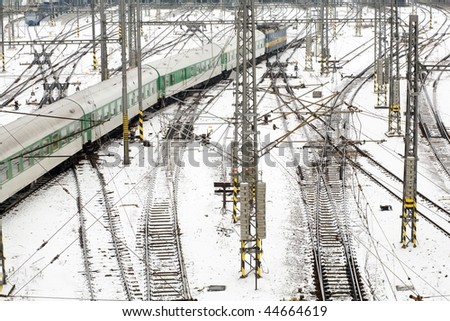 An image of train on railroad bird\'s-eye view