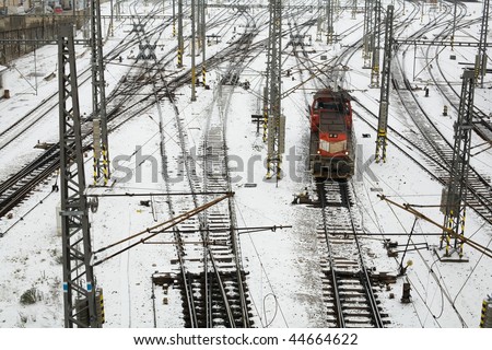 An image of train on railroad in Prague bird\'s-eye view