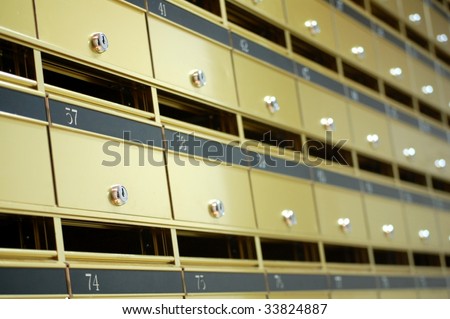 A wall of Letter boxes for an apartment