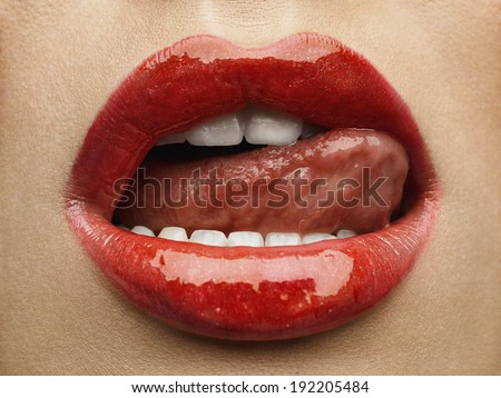 Sexy Lips. Beauty Red Lips Makeup Detail. Beautiful Make-up Closeup. Sensual Open Mouth. lipstick or Lipgloss