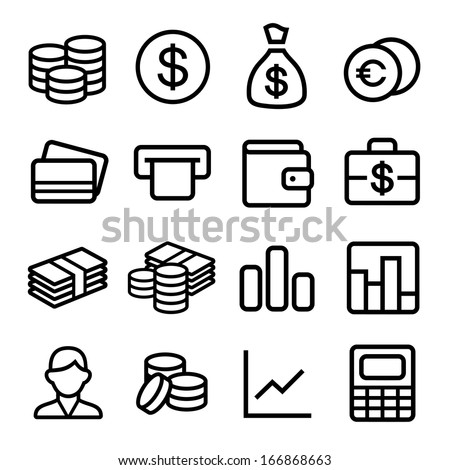 Money And Coin Icon Set In Ios7 Style. Vector Illustration.