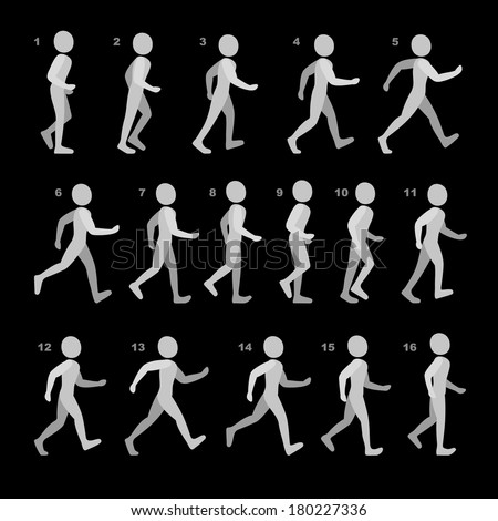 Phases of Step Movements Man in Walking Sequence for Game Animation on black