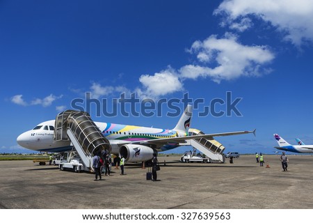 Male Maldives - June 14 2015 : Passengers are leave a plane of Bangkok Airways, at Ibrahim Nasir International Airport, Maldives