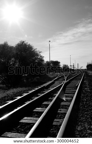 Railway tracks in a small town of Namibia.  Railway tracks change at the railway station.