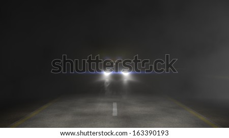 3D Illustration of headlights on dark road