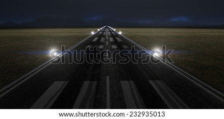 Illustration of a lonely airport runway at night with lights