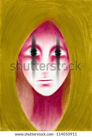 hand drawn portrait of a pink alien with strange looking eyes, using chalk pastels