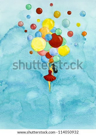hand drawn watercolor illustration of a young girl floating in the blue sky with lots of colored balloons