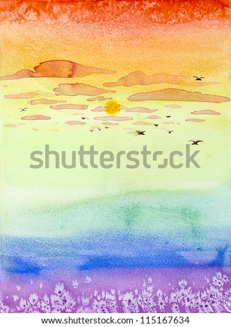 colorful hand painted watercolor illustration of a sunset, with pink clouds and birds flying