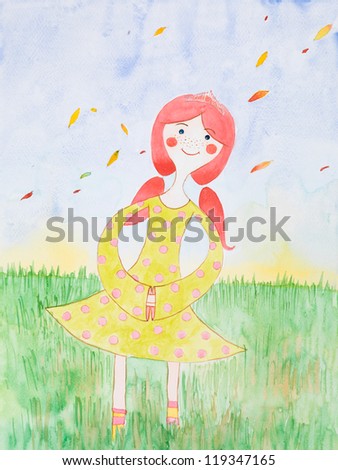 hand drawn watercolor illustration of a funny young girl with red hair, standing in a green field, with leaves falling around her