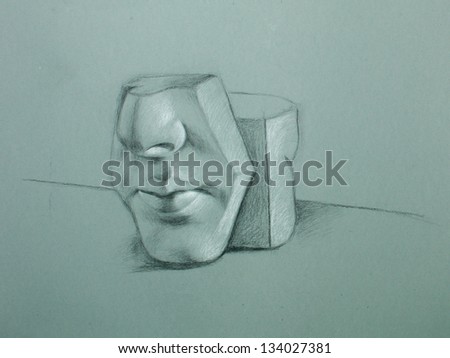 hand drawn graphite illustration of still life composition of  human face mold