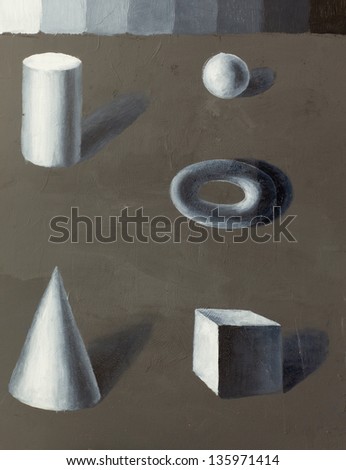 hand drawn illustration of basic shaded geometric shapes, with a light-shadow study