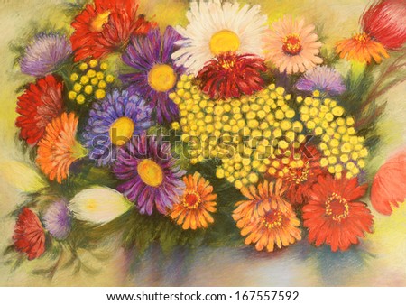 colorful hand drawn pastel painting of beautiful flower bouquet