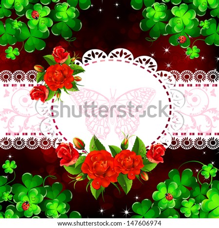 Background with red roses and clover
