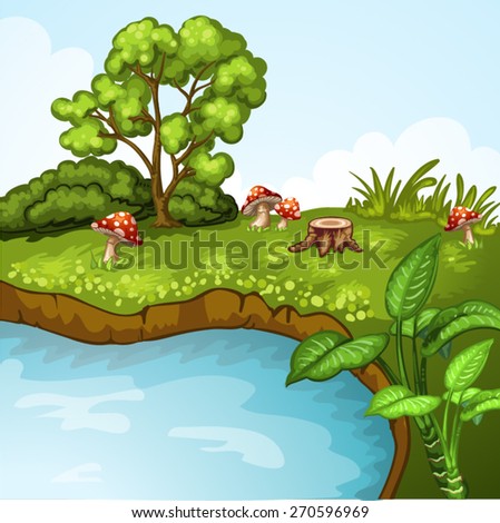 Green landscape with lake and mushrooms