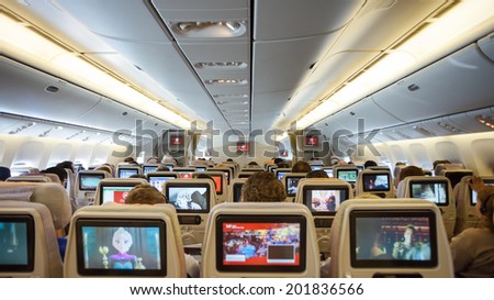 NEW YORK, USA - JUNE 8, 2014: Emirates Jet airplanes interior view. Emirates is a part of The Emirates Group, which is owned by the Dubai government. It is the largest airline in the Middle East