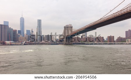 NEW YORK - JUNE 10, 2014: The Brooklyn bridge June 2014 in New York City. The Brooklyn Bridge is one of the oldest suspension bridges in the United States.