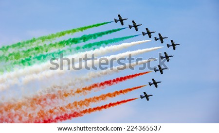 UDINE, ITALY - 01 MAY 2009: The Italian demonstration team Frecce Tricolori performes at the Airshow on May 01, 2009 in Udine, Italy