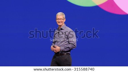 Bologna, Italy - September 10, 2015: Apple CEO Tim Cook. Screen appeared on the website of Apple after the keynote.