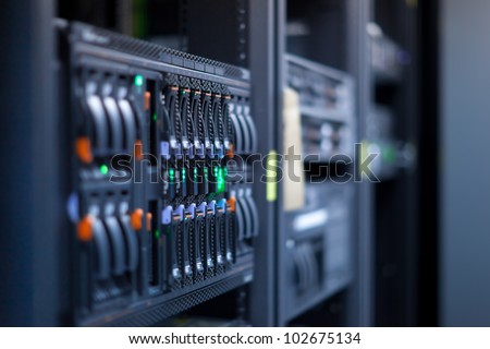 Network Servers In A Data Center. Swallow Depth Of Field