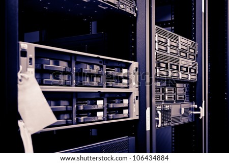 Network servers hdd in a data center. Swallow depth of field
