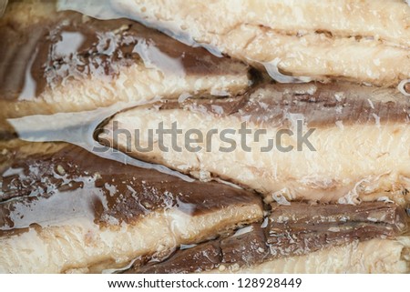 Macro shot of Mackerel Fillets in a tin