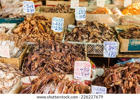 dried seafood on sale in a thai street market in Bangkok, Thailand