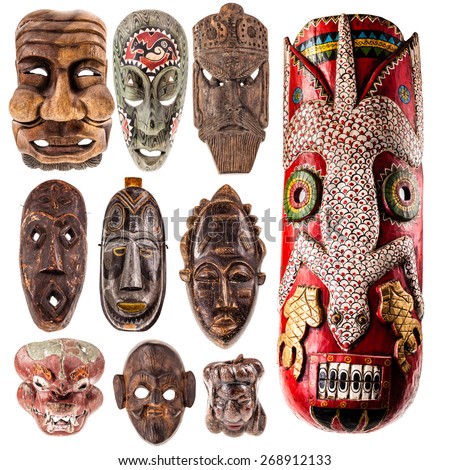a collection of different tribal ethnic ancient wooden masks from around the world isolated over a white background