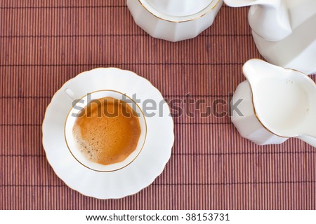 Overhead shot of a table top with fresh cup of coffee