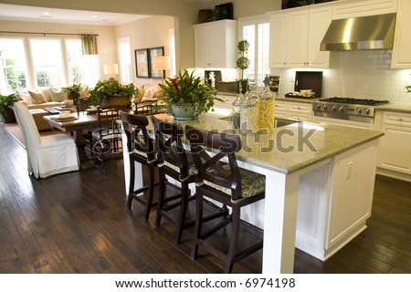 Modern kitchen with wood floor and island.