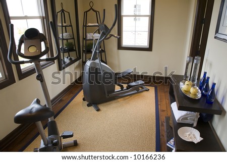 Luxury home gym with modern exercise equipment.