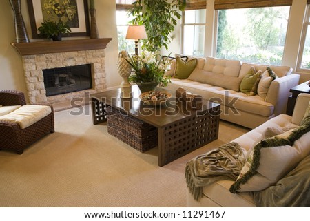 Living room with contemporary furniture and decor.