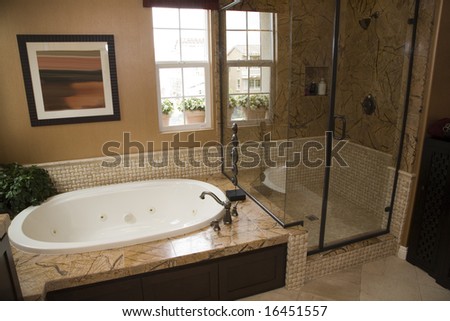 Modern bathroom with a spacious tub and shower.