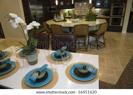 Luxury home dining table and kitchen.