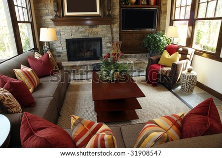 living room with fireplace decorating. stock photo : Living room with