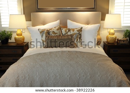 Luxury home bedroom with stylish pillows and decor.