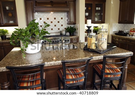 Modern designer kitchen with a granite island.
