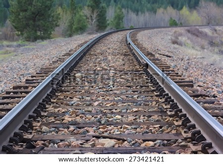 Railway of the Rural West:  Shiny rail lines wind its way through trees and forests of the west. This is a close-up shot taken center stage on the railroad tracks looking towards a forest.