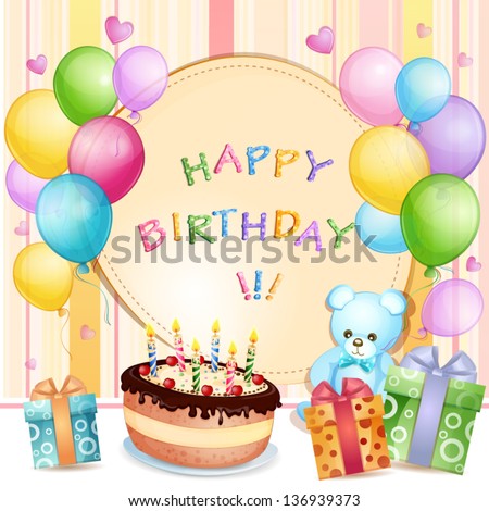 Birthday Card With Birthday Cake, Balloons And Gifts Stock Vector ...
