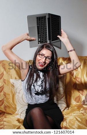 Carefree young woman stop working with computer
