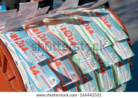 ISTANBUL, TURKEY - DEC 8, 2013: Christmas special raffle ticket sales. Established in 1939, the National Lottery in Turkey in the country, has been organizing all kinds of games of chance. Dec 8, 2013