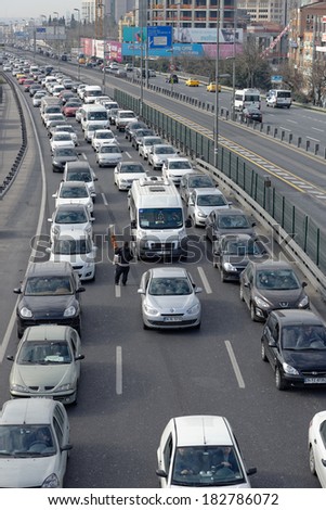 ISTANBUL, TURKEY - FEB 8: Istanbul vehicle traffic. Mecidiyekoy way to go to pass through the Bosphorus Bridge-powered vehicles, the most famous and congested roads .Taken on February 8, 2014