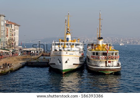 ISTANBUL - JAN 11: People get on board the ship at Karakoy Pier on January 11, 2014 in Istanbul.Nearly 150,000 passengers use ferries daily in Istanbul, due to easy access to two different continents
