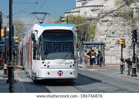 ISTANBUL - APRIL 10: A modern tram on Cemberlitas on April 10, 2014 in Istanbul. Due to increasing traffic & air pollution, Istanbul became one of most polluted city also planned for return of tram.