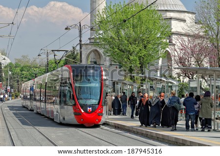 ISTANBUL - APRIL 14: A modern tram on Sultanahmet on April 14, 2014 in Istanbul. Due to increasing traffic & air pollution, Istanbul became one of most polluted city also planned for return of tram.