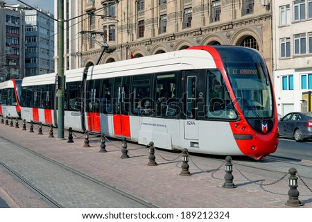 ISTANBUL - APRIL 20: A modern tram on Karakoy on April 20, 2014 in Istanbul. Due to increasing traffic & air pollution, Istanbul became one of most polluted city also planned for return of tram.