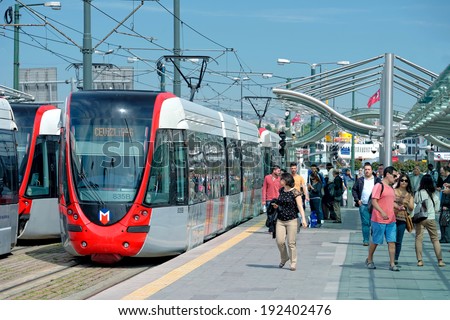 ISTANBUL - MAY 12: A modern tram on Sirkeci on May 12, 2014 in Istanbul. Due to increasing traffic & air pollution, Istanbul became one of most polluted city also planned for return of tram.